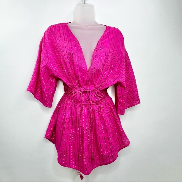 Victoria Secret Swimsuit Cover Up Pink~Metallic Stripe~Women Sz XS~Elastic Waist - Picture 1 of 12